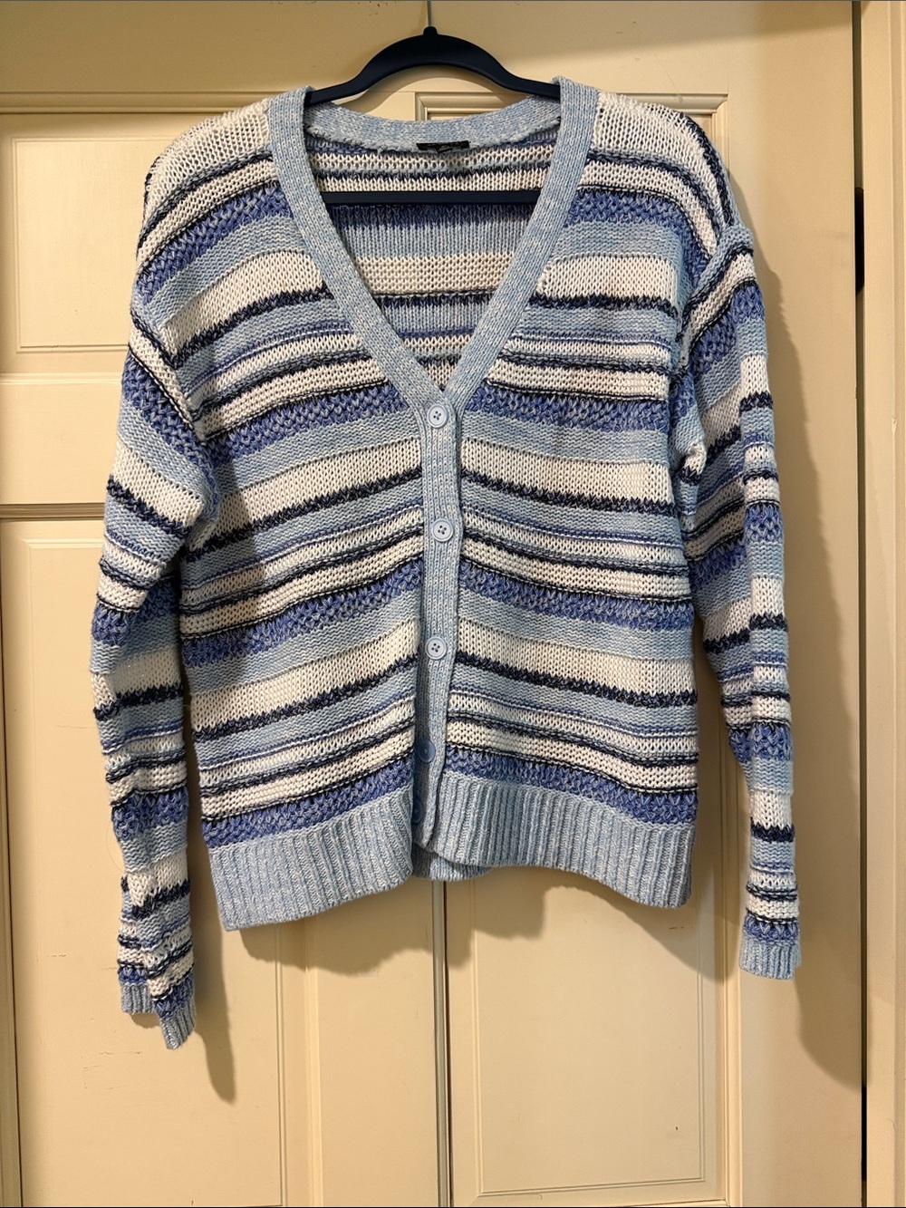 Talbots Light Blue, Navy & White Striped V-Neck Button Cardigan